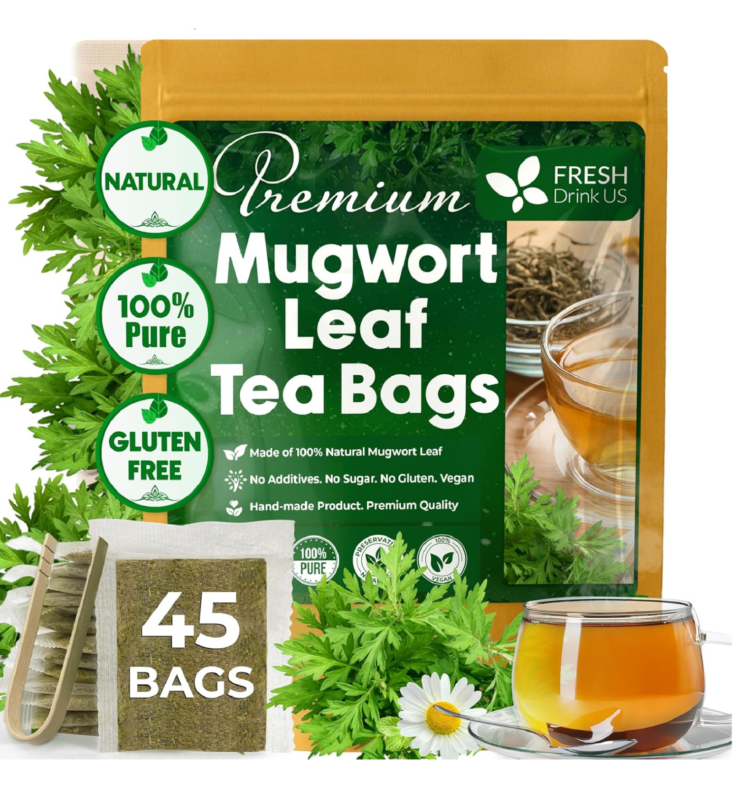 FreshDrinkUS, Premium 45 Mugwort Leaf Tea Bags, 100% Natural and Pure Mugwort Le