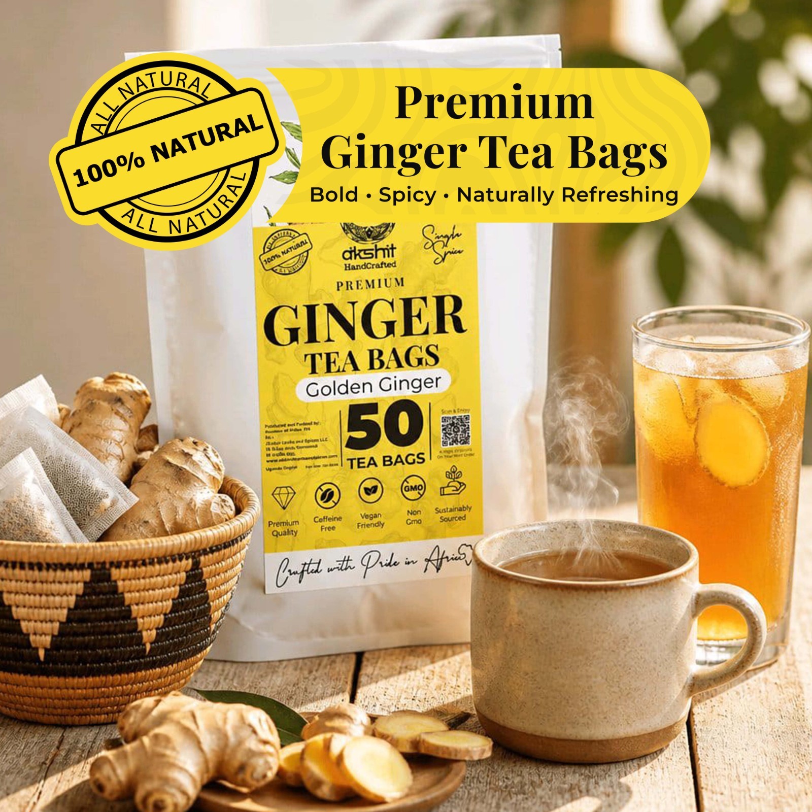 50 Ginger Tea Bags, 100% Pure Ginger Root, Natural Herbal Tea, Caffeine Free