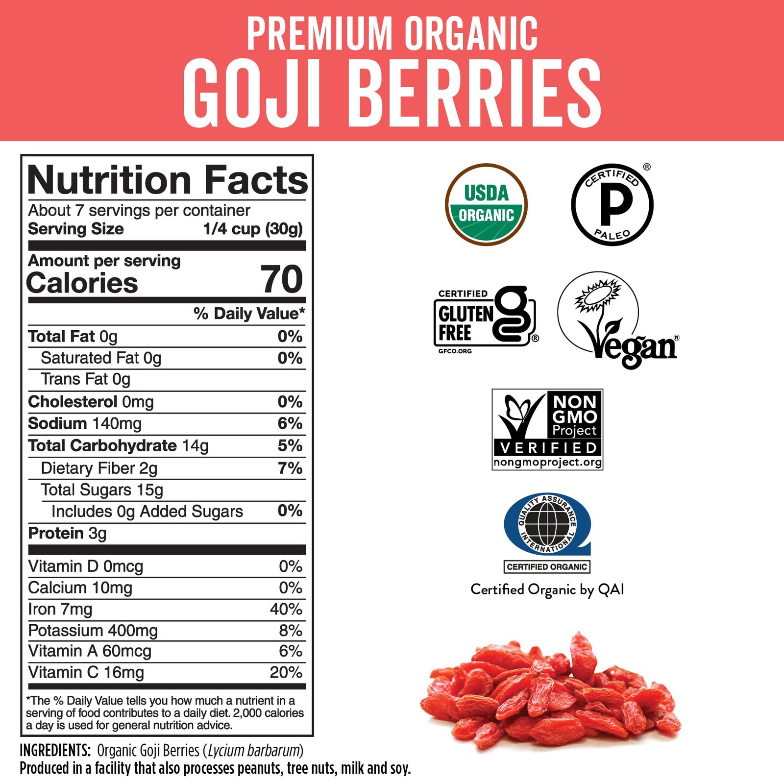 Organic Dried Goji Berries, 8 oz (227 g) – Non-GMO, Vegan Wolfberries, Perfec…