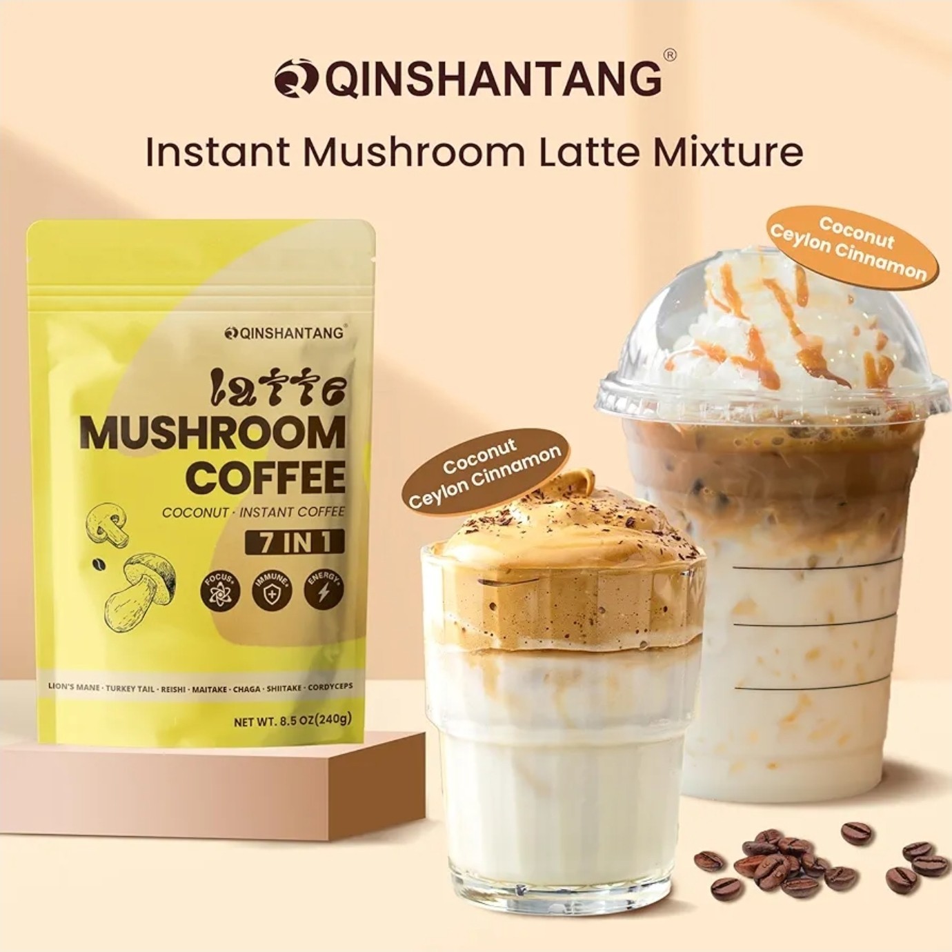 Mushroom Coffee Organic Instant Coffee 7-in-1 Latte Powder Blend 30 Servings NEW