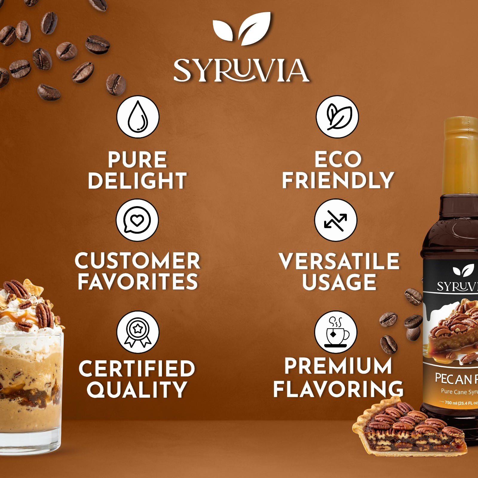 Syruvia Pecan Pie Syrup 25.4 fl oz, Kosher, Gluten-Free for Coffee & More