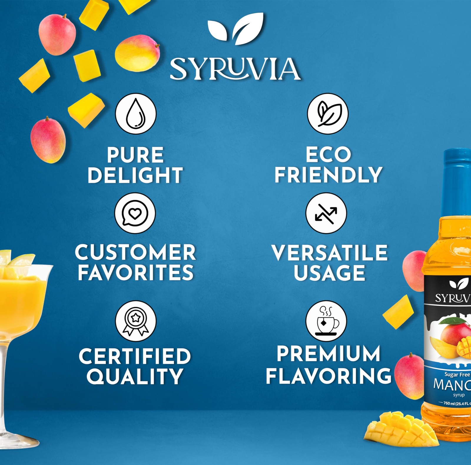 Syruvia Sugar Free Mango Syrup 25.4 Fl Oz Kosher Gluten Free Zero Calories