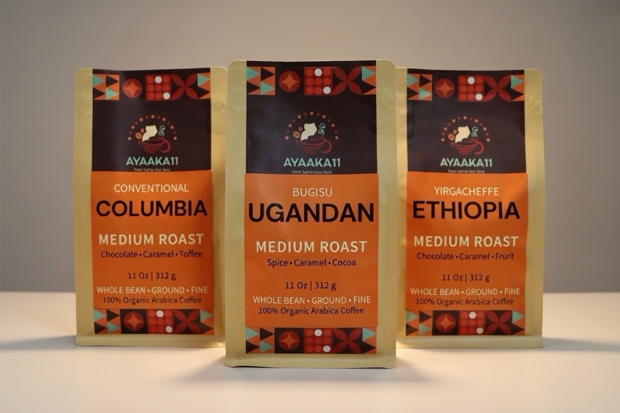 Uganda, Ethiopia & Columbia Organic Coffee, 3 Packages, 11Oz each, Medium Roast.