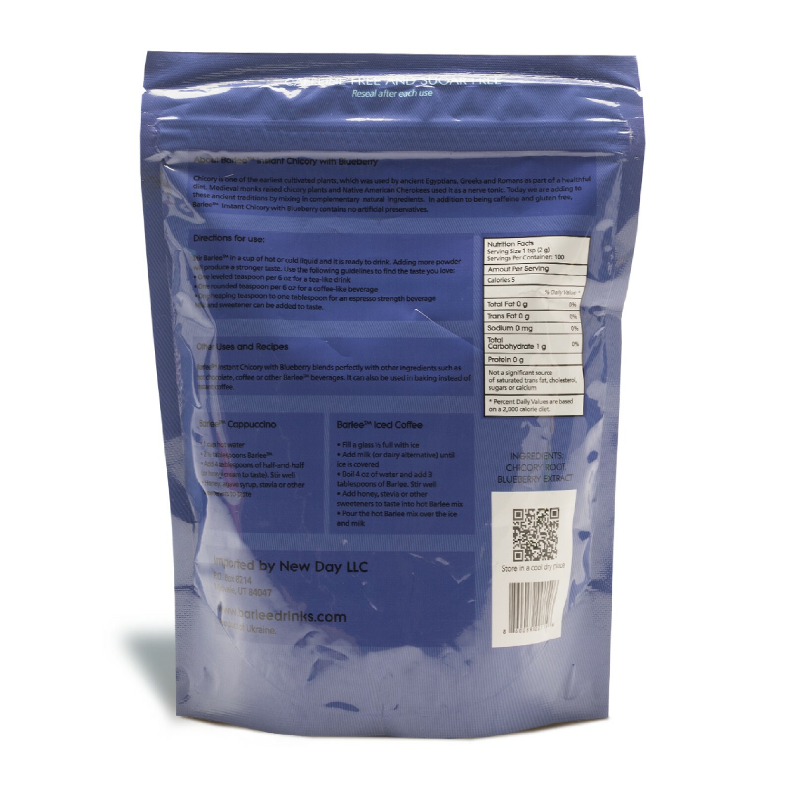 Barlee, Instant Chicory with Blueberry, Coffee Substitute, Caffeine Free 7.05 oz