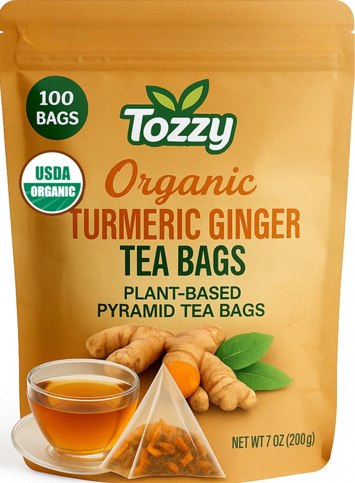Organic Turmeric & Ginger Tea Bags – 100 Count (Plant-Based Pyramid Tea Bags)