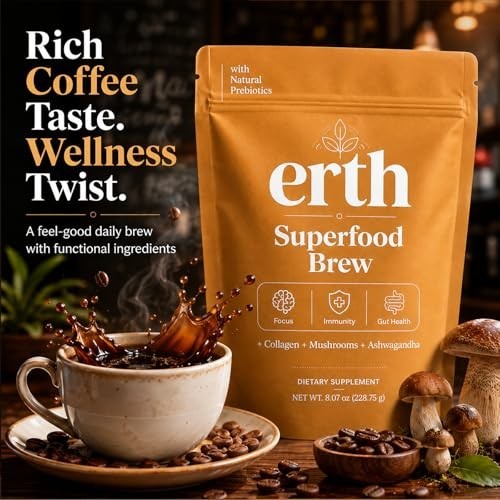 Earth Superfood Brew Coffee, With Collagen Mushroom Ashwagandha Support Focus, G