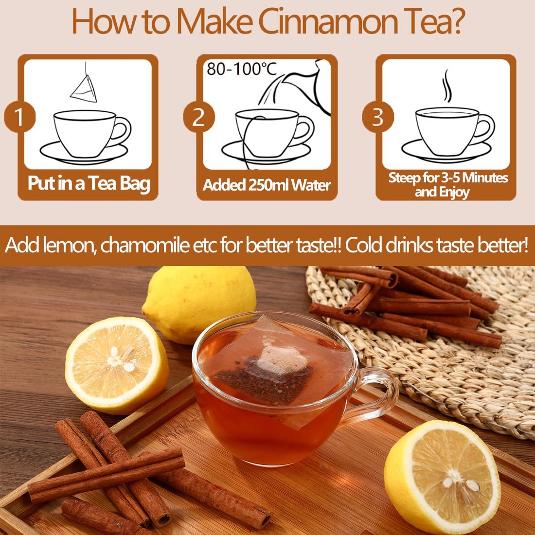 Premium 50 Pure Ceylon Cinnamon Tea Bags, Made with 100% Ceylon Cinnamon Stic…