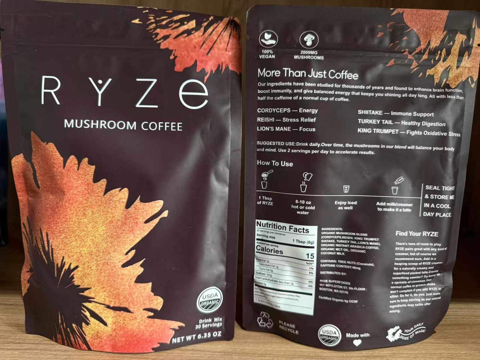 RYZE Mushroom Coffee USDA Organic with 6 AdaptogenicMushrooms and MCT Oil, USA G