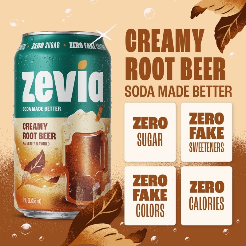 (8 Pack) Zevia Zero Sugar, Creamy Root Beer Soda Pop, 12 fl Oz..