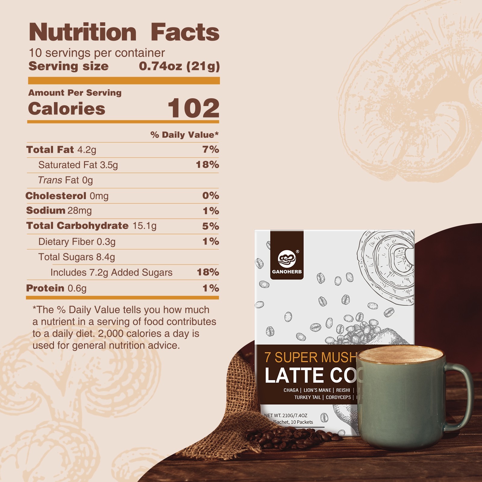 7 in 1 Mushroom Coffee Mix, Instant Latte Coffee Blend, 8.9oz, 12Sachets