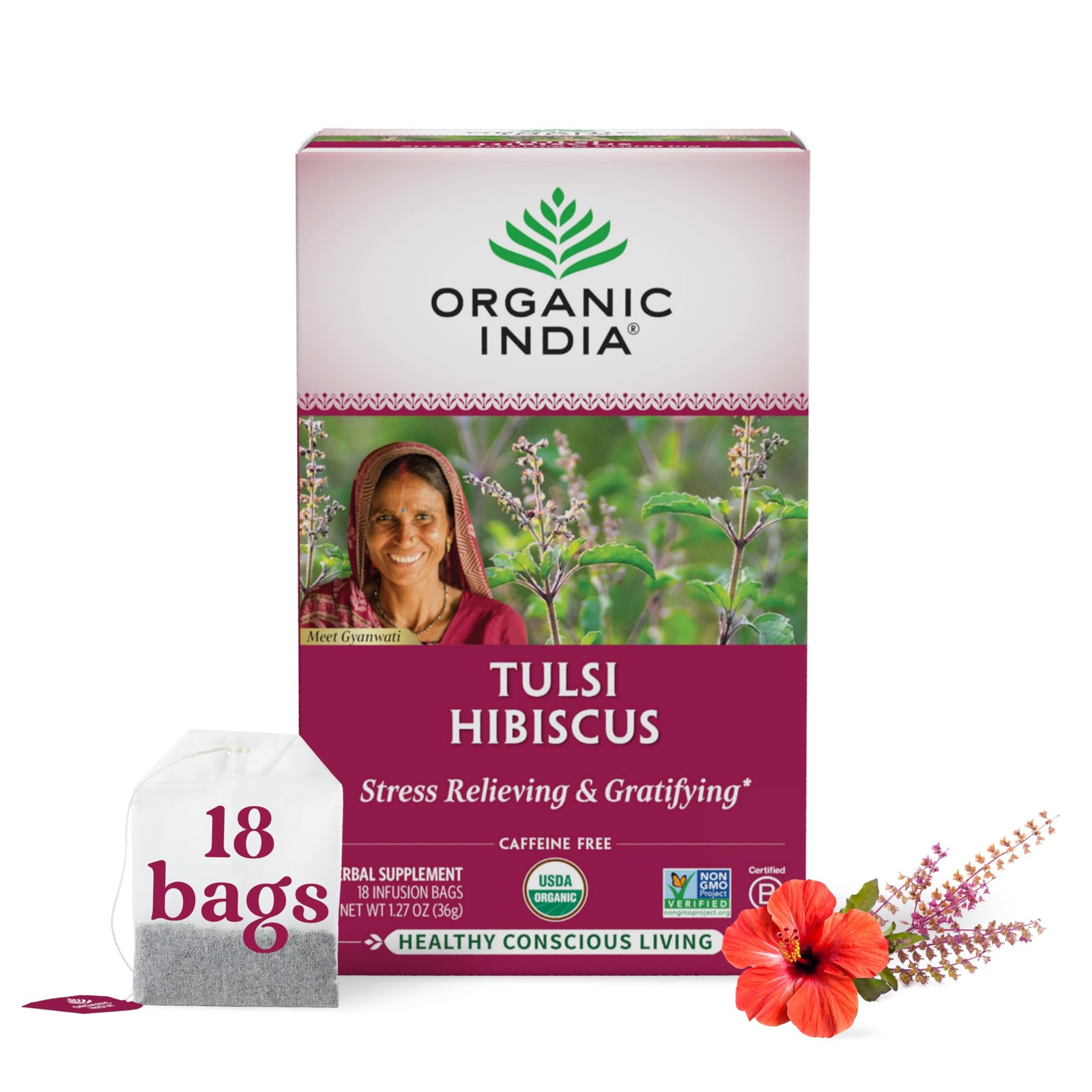 Organic India Tulsi Hibiscus Tea Floral Flavor 18 Count Caffeine Free Herbal …