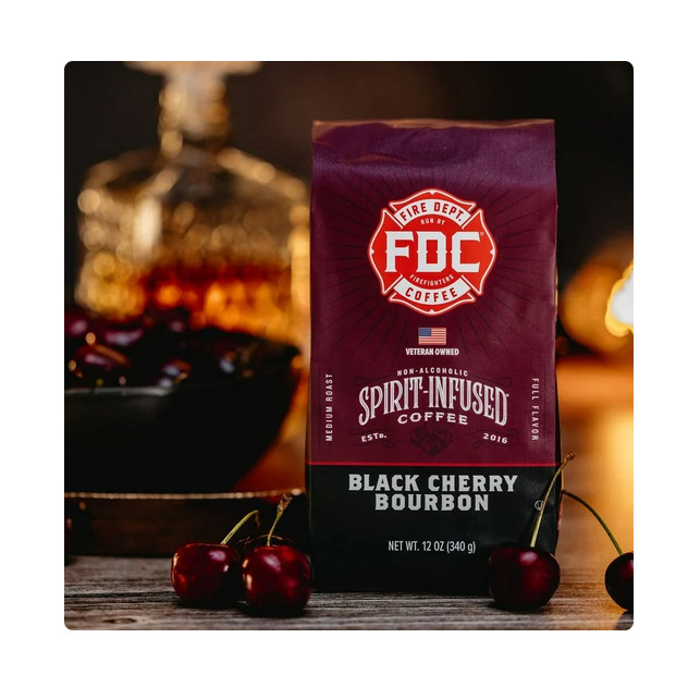 Fire Department Coffee, Black Cherry Bourbon Infused, Premium Ground Coffee, Med