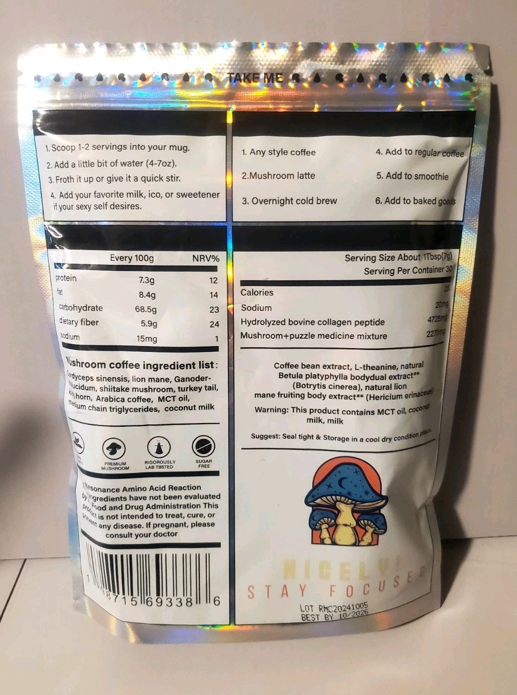 Mushroom Coffee Nicely! Stay Focused 6.35oz Resealable Package Unopened Lot Of 2