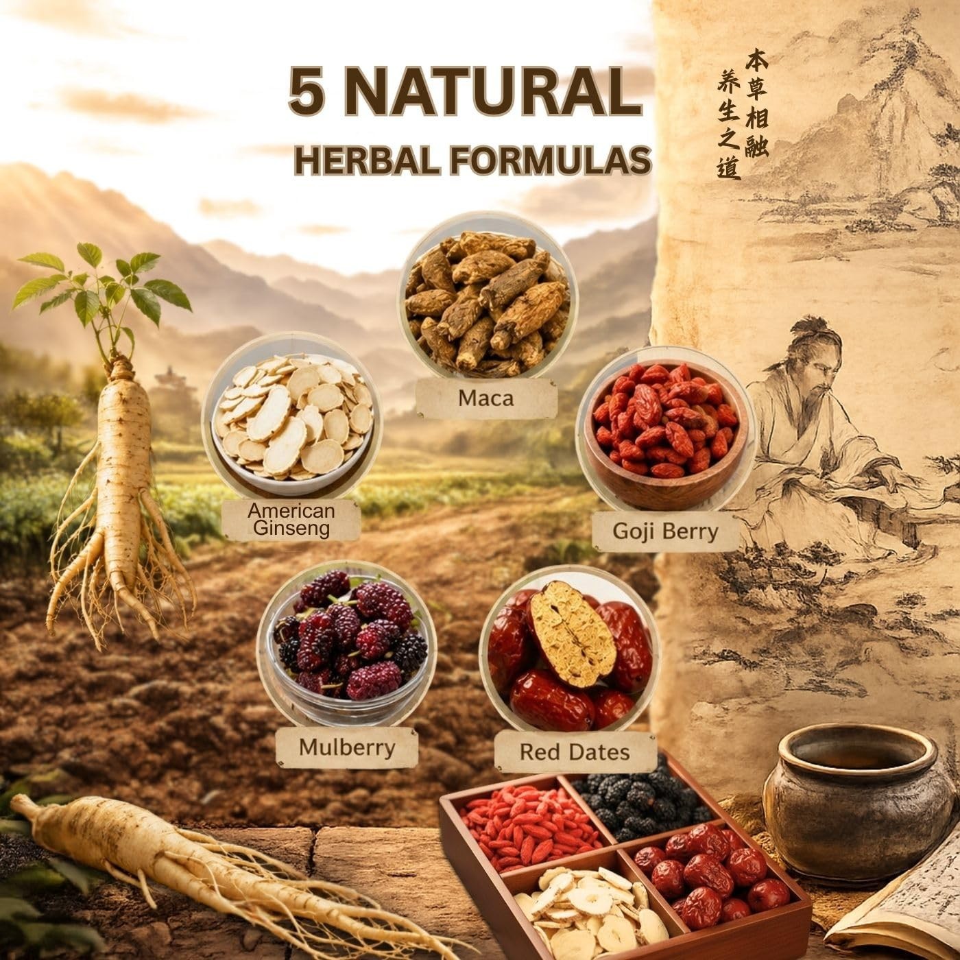 American Ginseng Five Treasures Tea, Wolfberry & Mulberry Herbal Tea, 30 Bags!!!