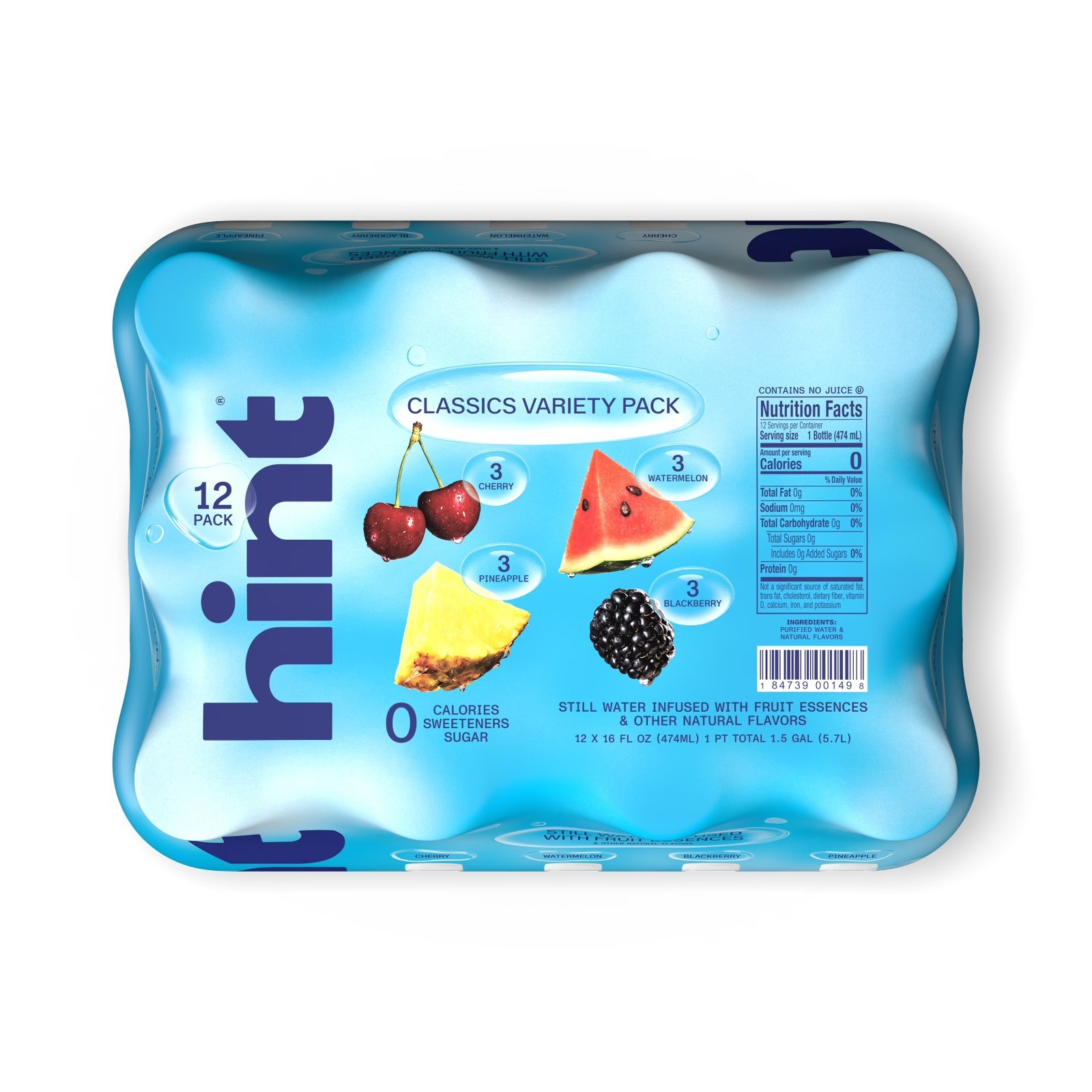 Hint Blue 4 Flavor Variety Pack Flavored Water, 16 fl oz, 12 Pack Plastic Bottle