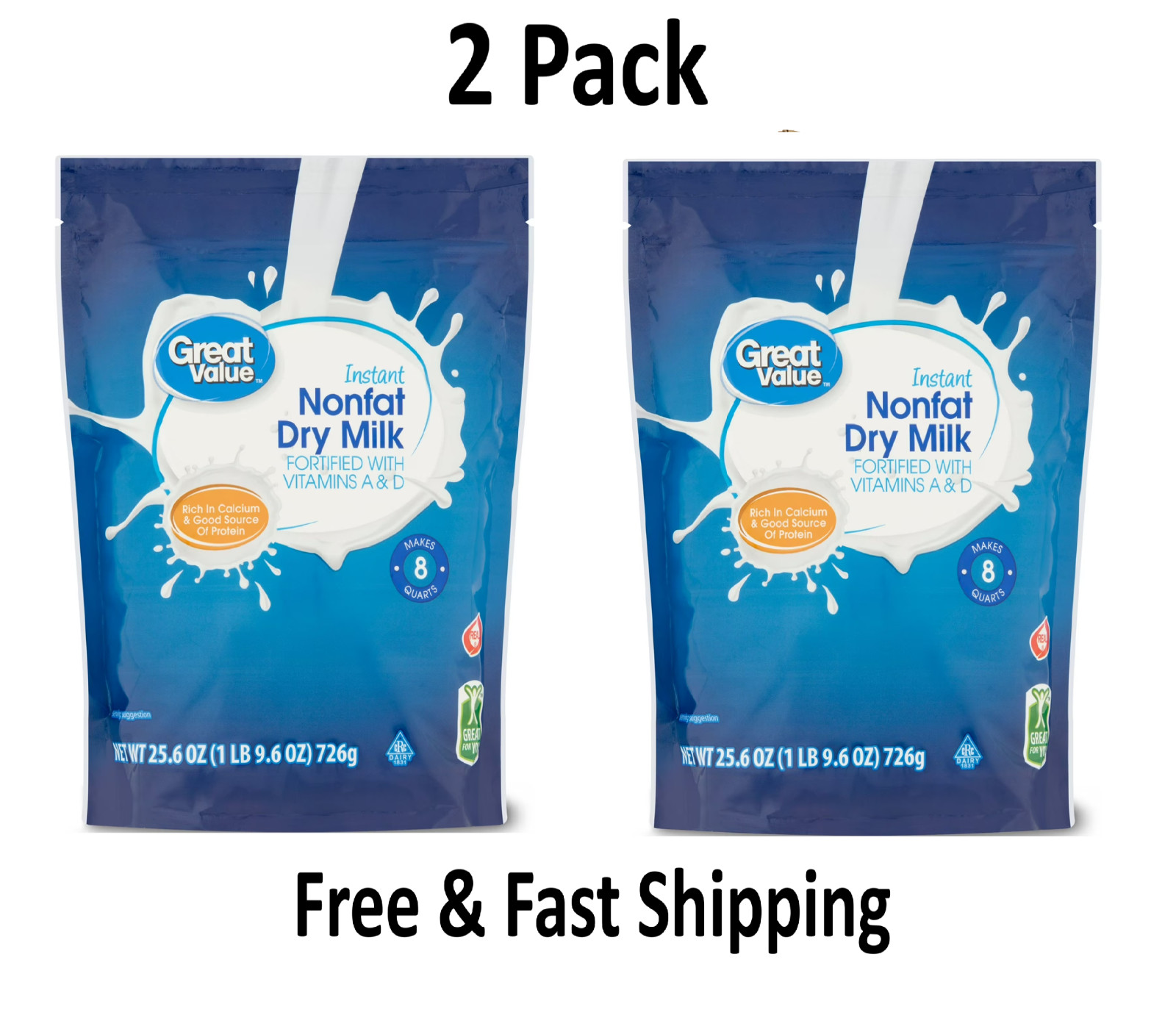 2 BAG Great Value Instant Nonfat Dry Milk, 25.6 oz, Bag