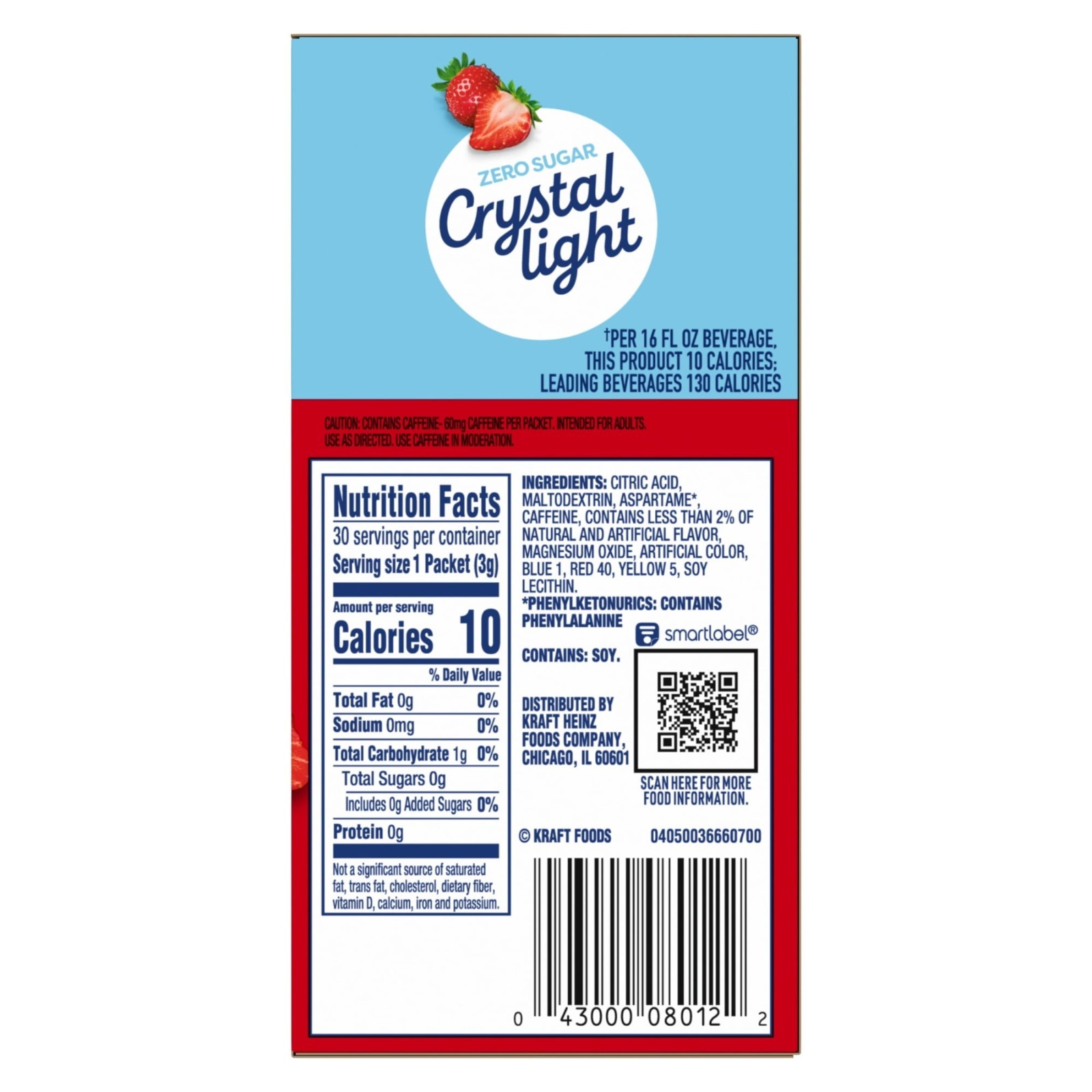 Crystal Light Wild Strawberry Sugar Free Drink Mix Singles with Caffeine, 30 ct