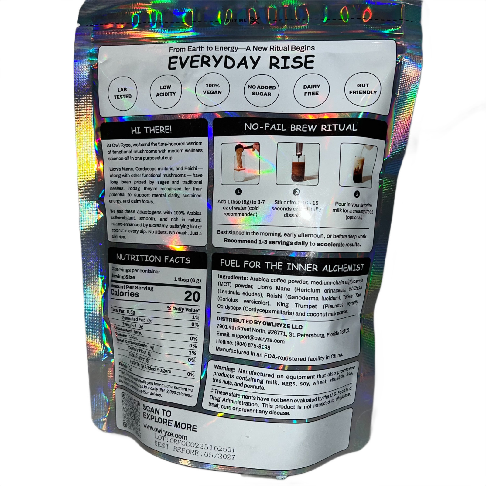 Owl Ryze Mushroom Coffee Focus Classic 6 Types Mushrooms 6.35oz Organic New