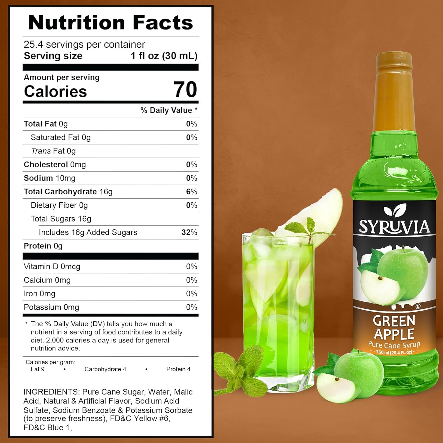 Syruvia Green Apple Syrup 25.4 fl oz, Kosher, Gluten-Free, Perfect for Drinks