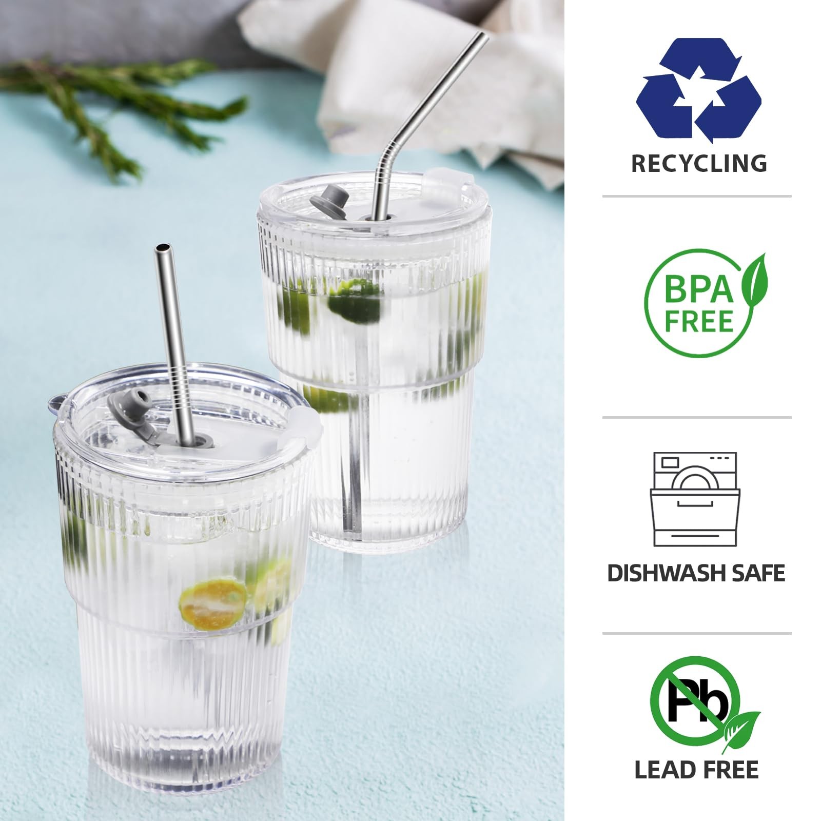 RÉΑLWÁY Iced Coffee Cups with Lids and Straws Set of 2, 16 Oz medium, Clear