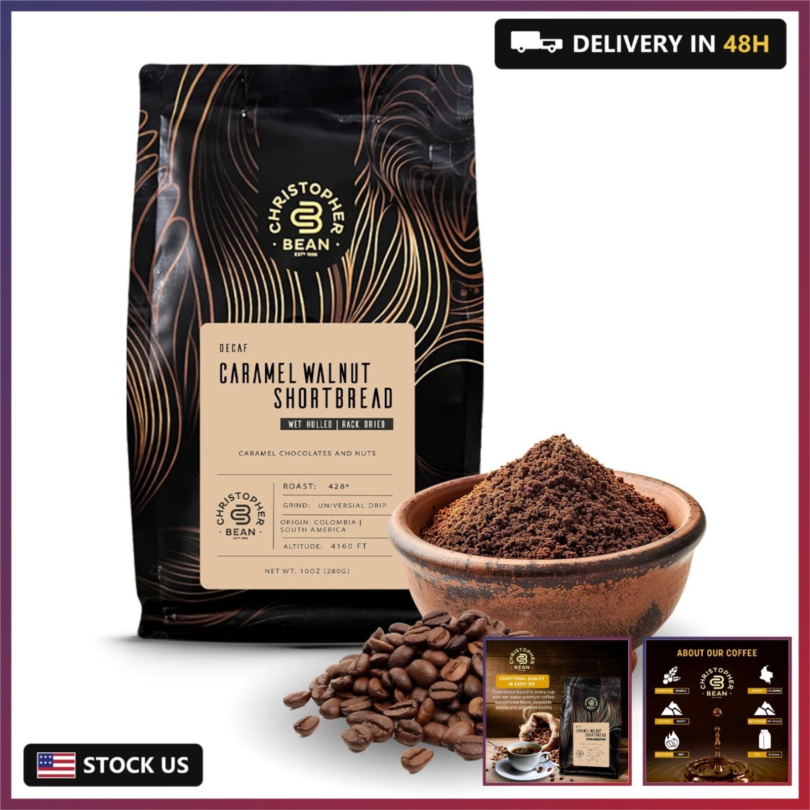 Christopher Bean Coffee – Certified Kosher – Decaf Ground Universal Drip Caramel