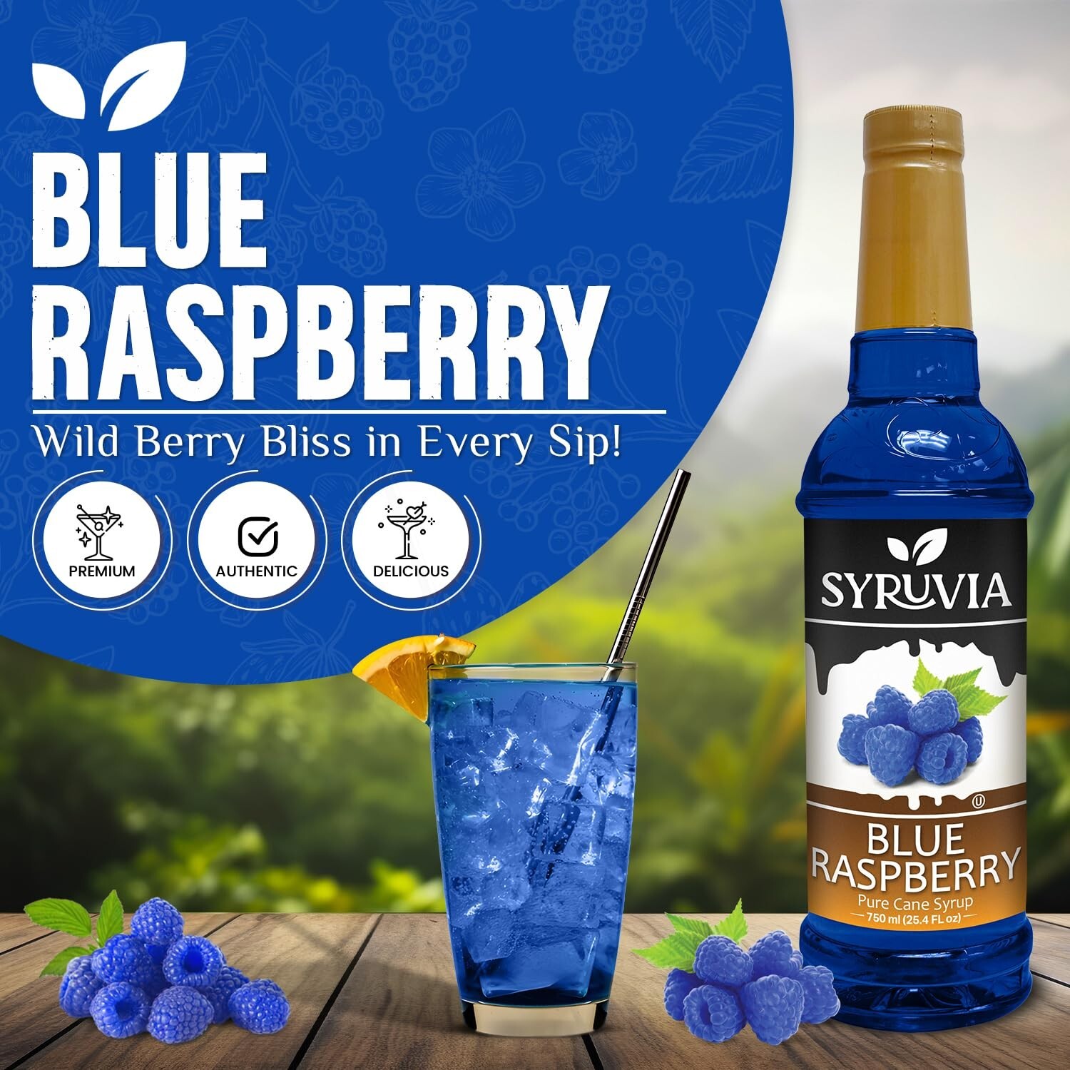 Syruvia Blue Raspberry Syrup 25.4 fl oz, Flavoring for Tea, Beverages & More