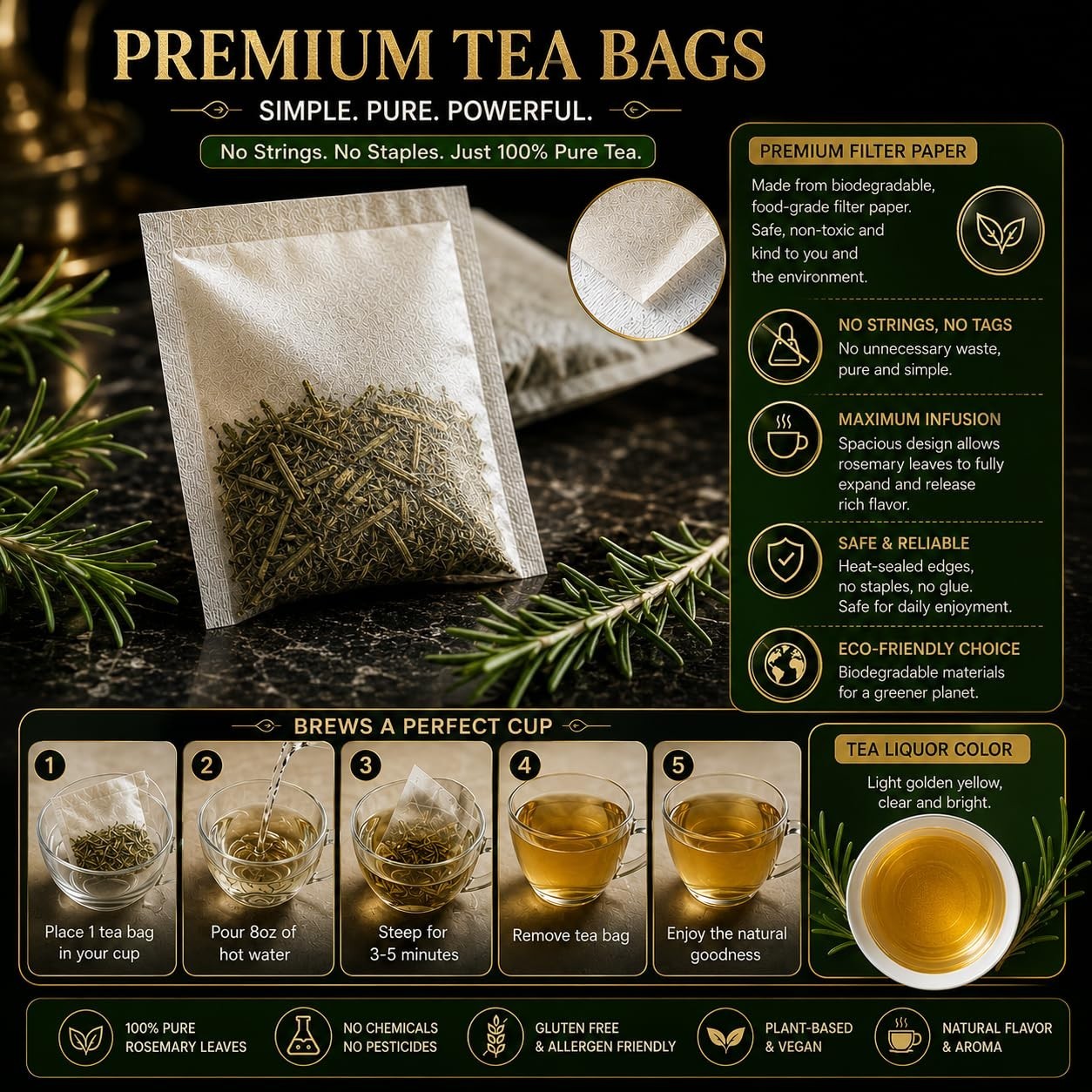 60 Count Premium Rosemary Leaf Tea Bags – 100% Pure Natural Rosemary Leaves