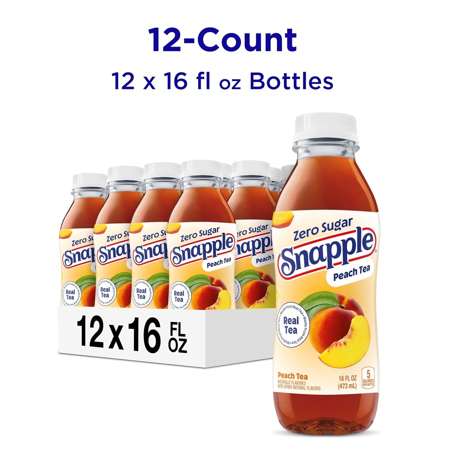 Snapple Zero Sugar Peach Tea, 16 fl oz recycled plastic bottle (Pack of 12)