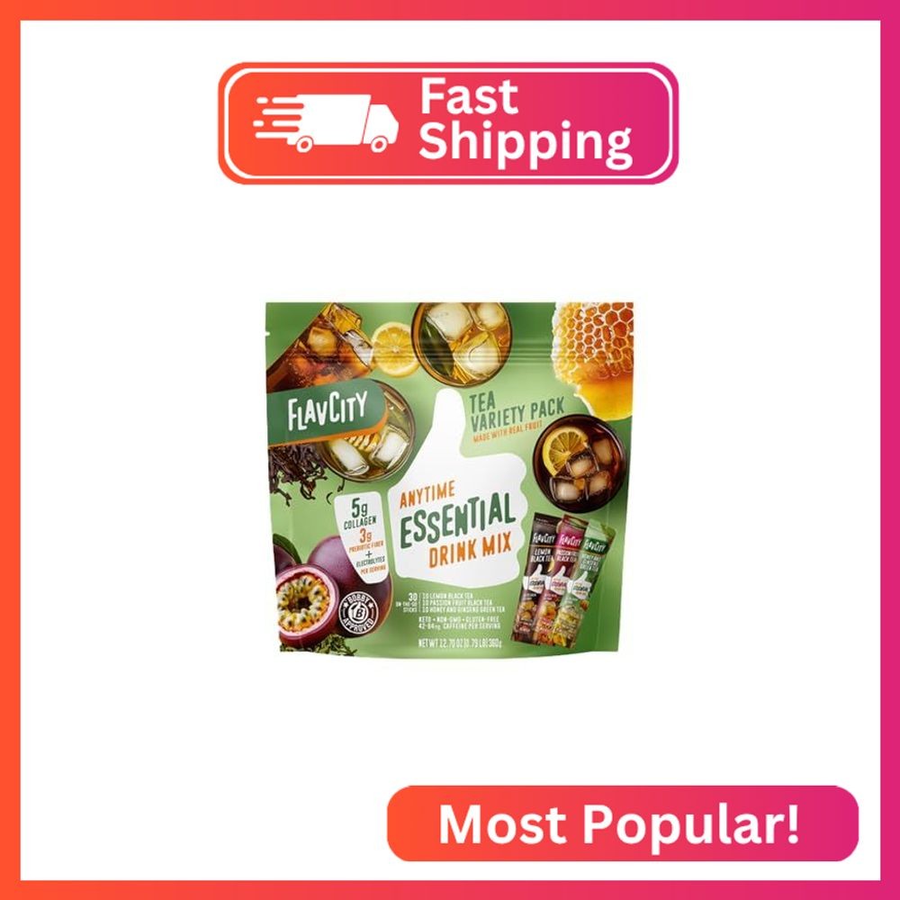 FlavCity Anytime Essential Tea Variety Pack – Powder Drink Mix Packets with Coll