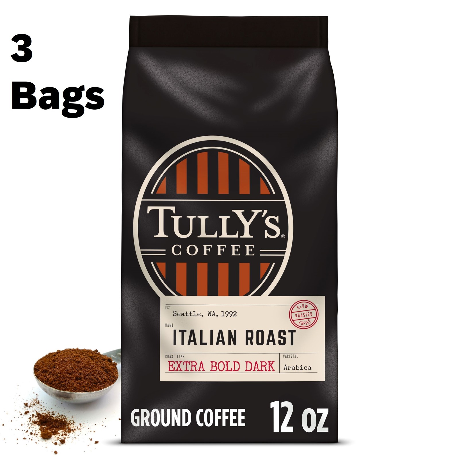 Tully’s Coffee Italian Roast, Ground Coffee, Dark Roast, Bagged 12oz (Pack of 3)