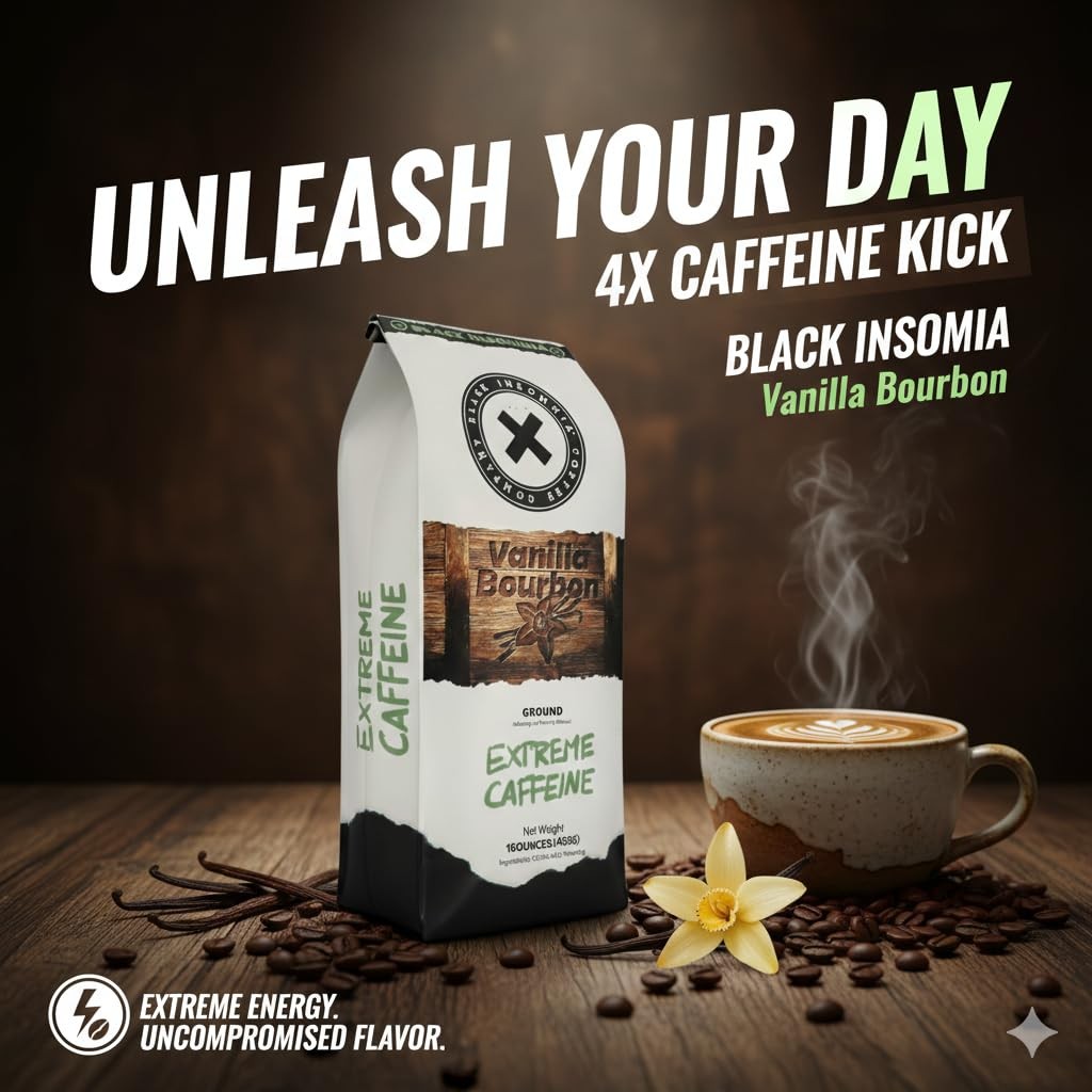 Black Insomnia Extreme Caffeine Coffee – Vanilla Bourbon Flavored Ground – 1lb