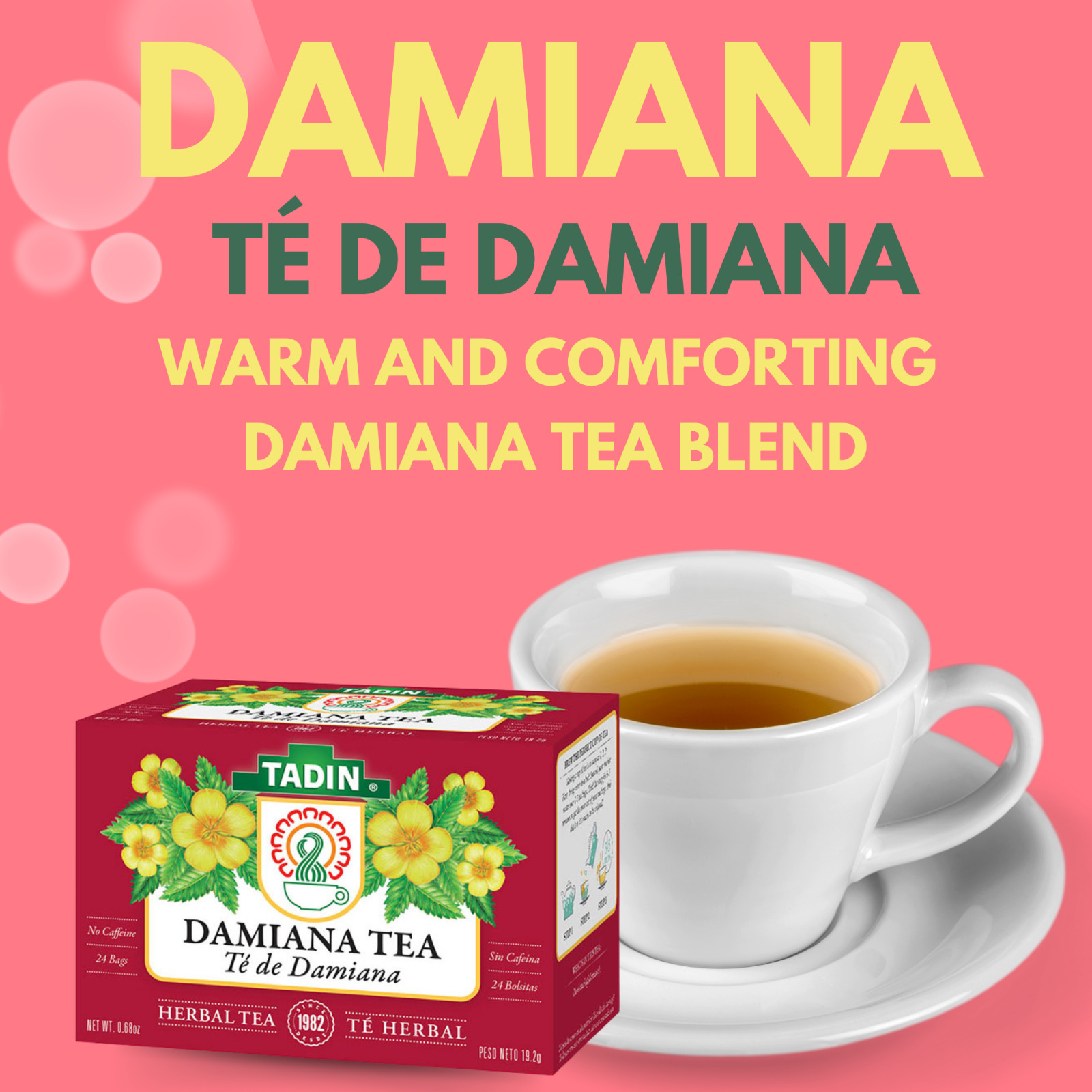 Tadin Damiana Herbal Tea, 24 Bags 0.68 fl oz, Smooth & Aromatic (6-Pack)