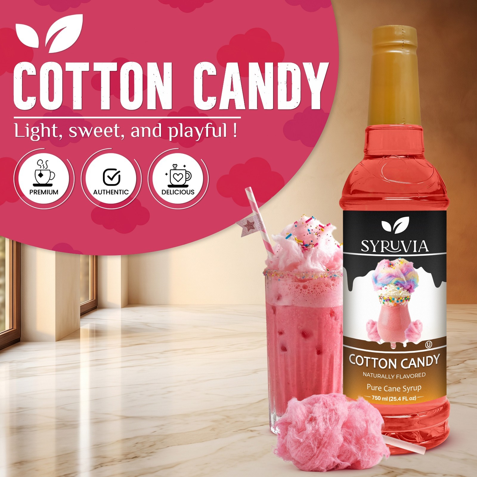 Syruvia Cotton Candy Syrup 25.4 fl oz, Kosher, Gluten-Free for Drinks, Soda & Mo