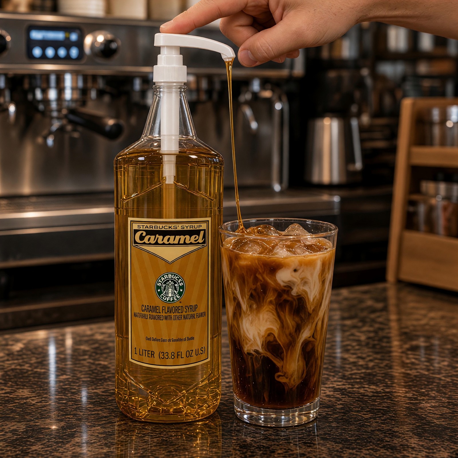 Starbucks Caramel Coffee Syrup 1L 33.8 fl oz w/ Complimentary White Pump