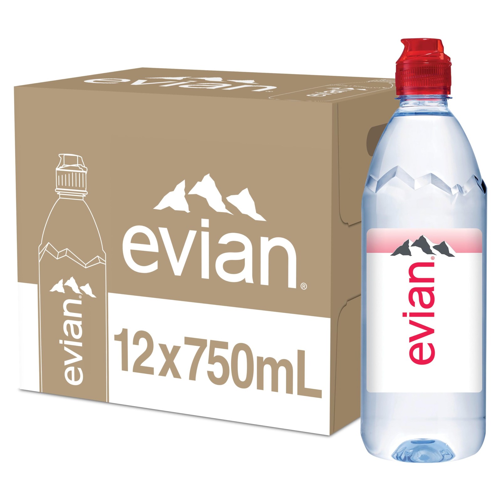 evian Natural Spring Water, 750 ml (25.36 fluid ounce) Water Bottle 12 Pack