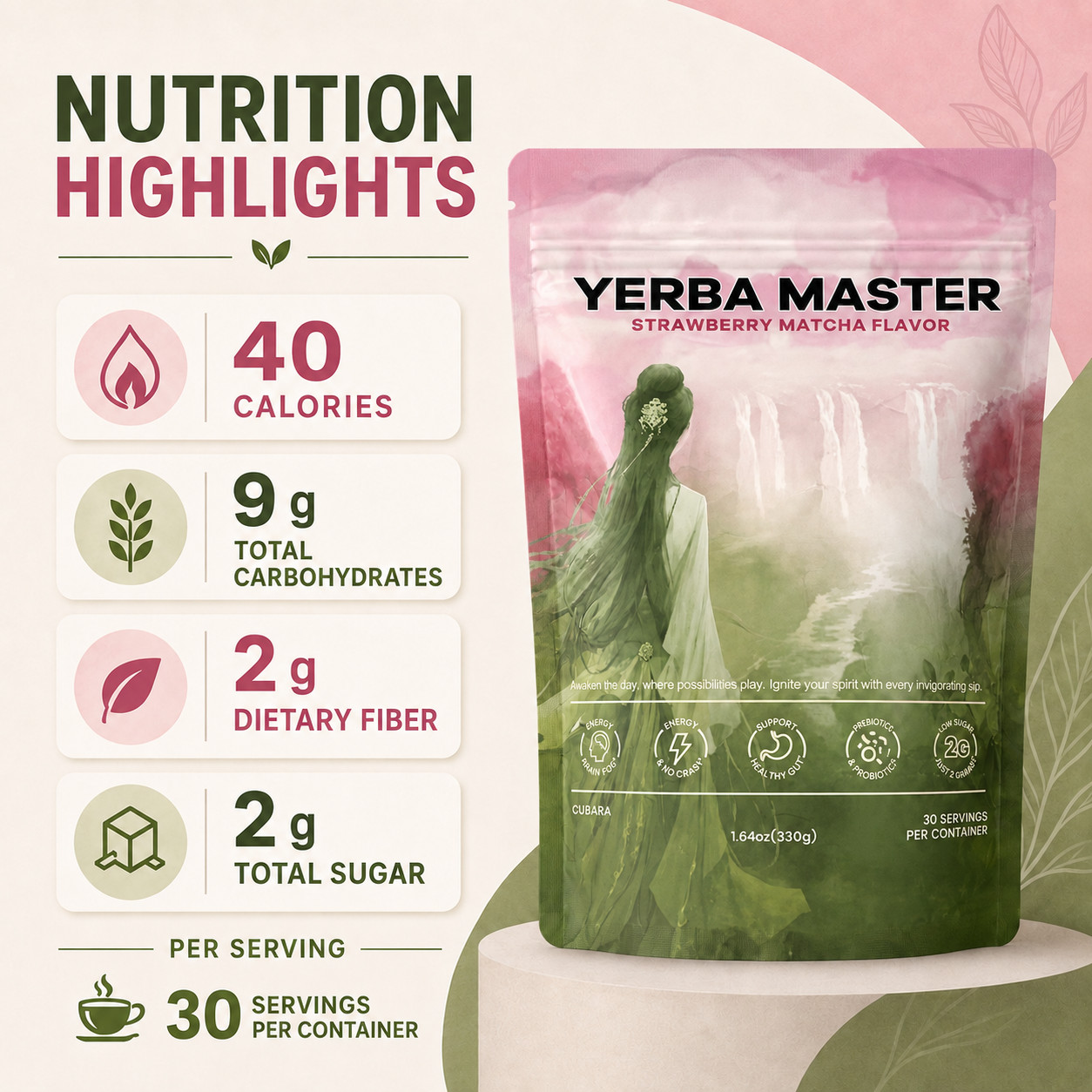 Yerba Mate Tea Powder, Strawberry Matcha, Lion’s Mane & L-Theanine, 30 Servings