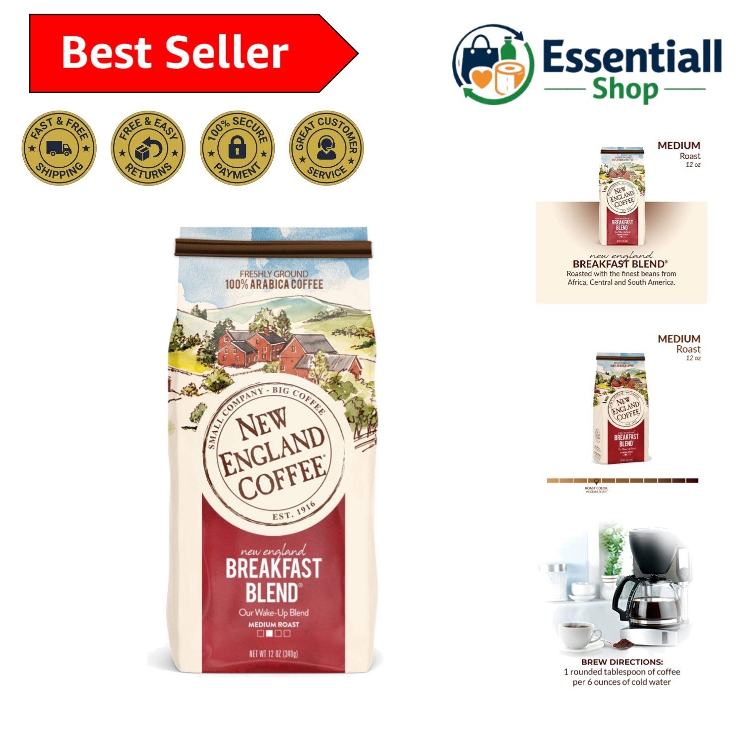 Sustainable 12oz Breakfast Blend Medium Roast Coffee – Kosher & Gluten-Free