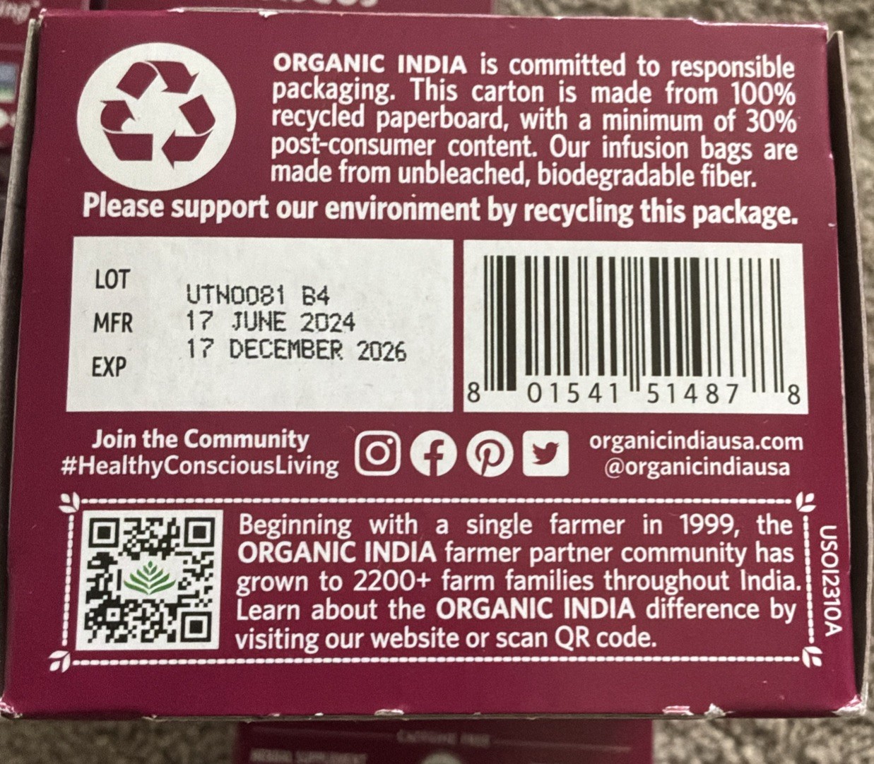 5 Tulsi Hibiscus Tea Organic India 18 Bags 90 Holy Basil Herbal Tea Stress Relax