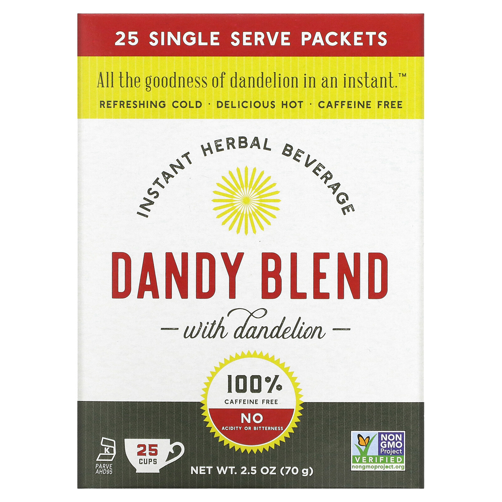 Instant Herbal Beverage with Dandelion, Caffeine Free, 25 Single Serve Packets,