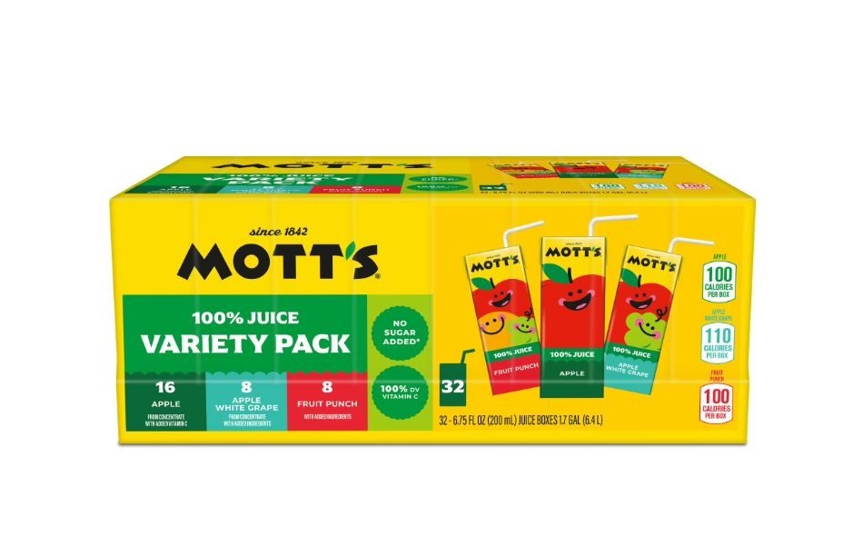 Mott’s 100percent Apple Juice Variety Pack, 6.75 fl oz, 32 Count Boxes.