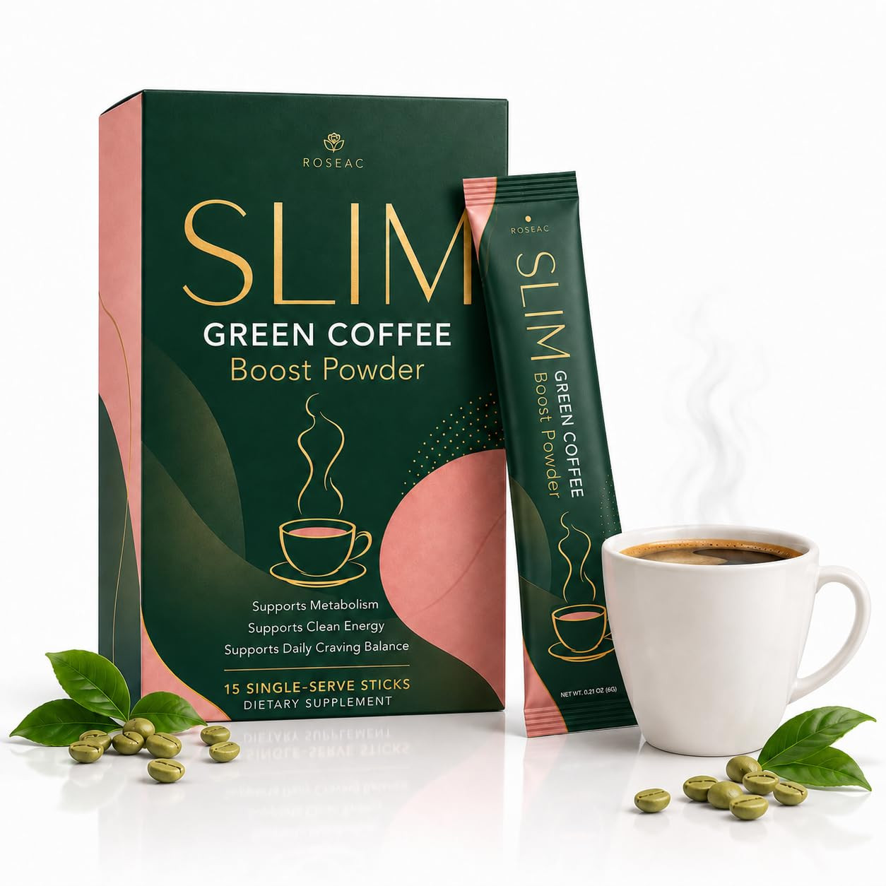 Slim Green Coffee Boost Powder, Flavorless Coffee Stick Packs for Hot or Iced, E