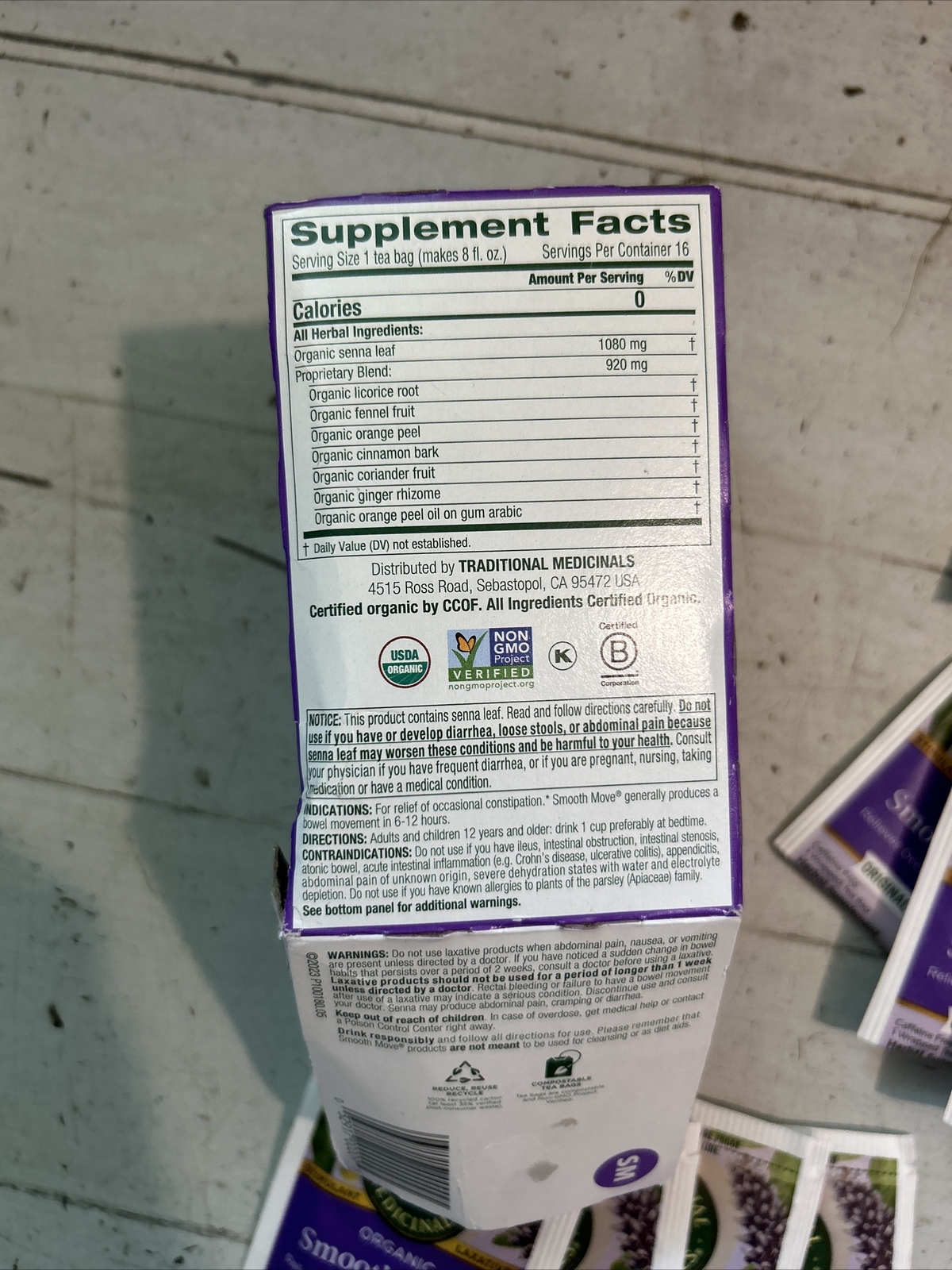 Organic Smooth Move Tea 16 bags By Traditional Medicinals, exp 02/2027