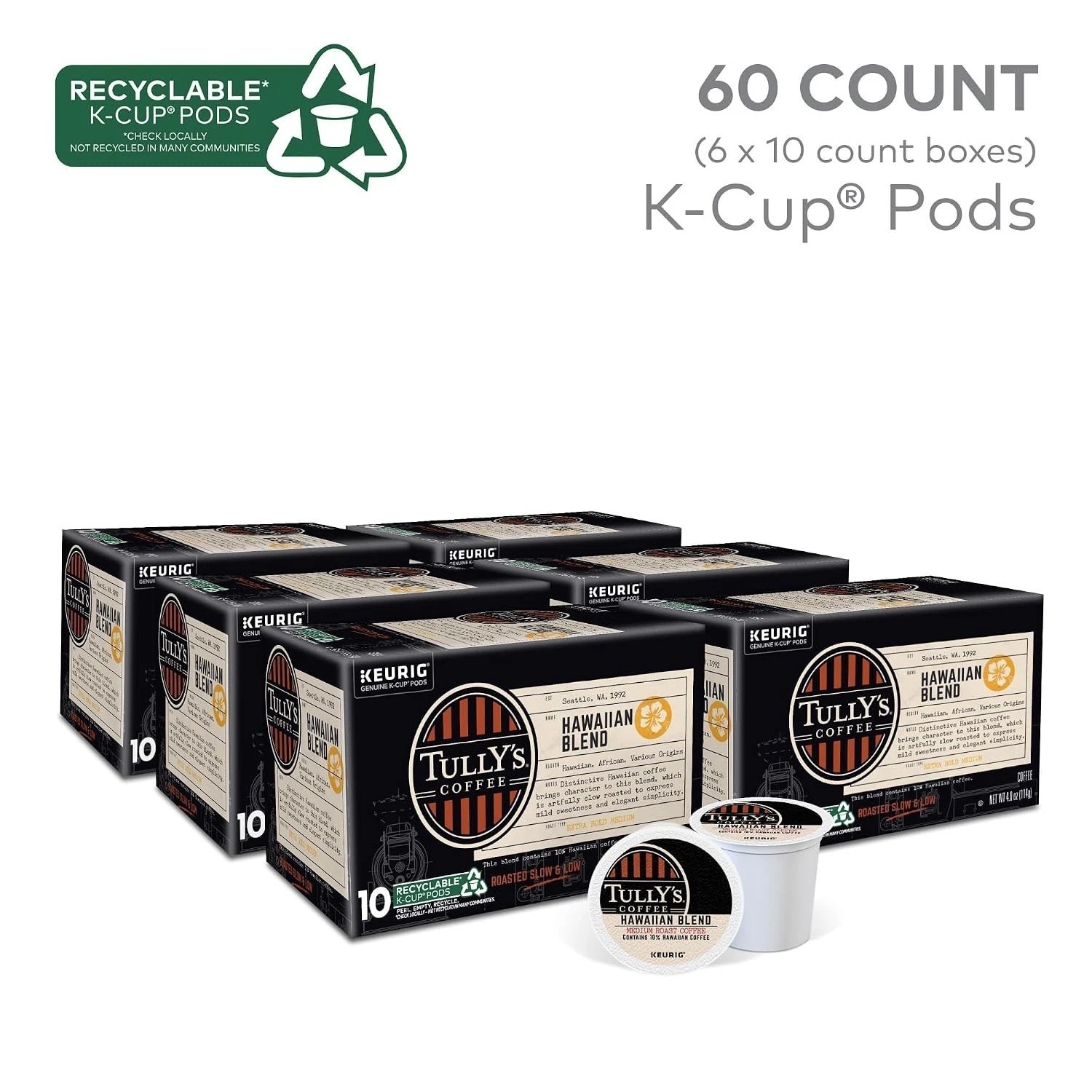 Tully’s Hawaiian Blend Coffee Pods – Medium Roast, Caffeinated K-Cups (60 Count)