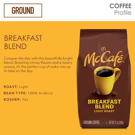 McCafe Breakfast Blend, Medium Roast, Ground Coffee, 12 oz bag