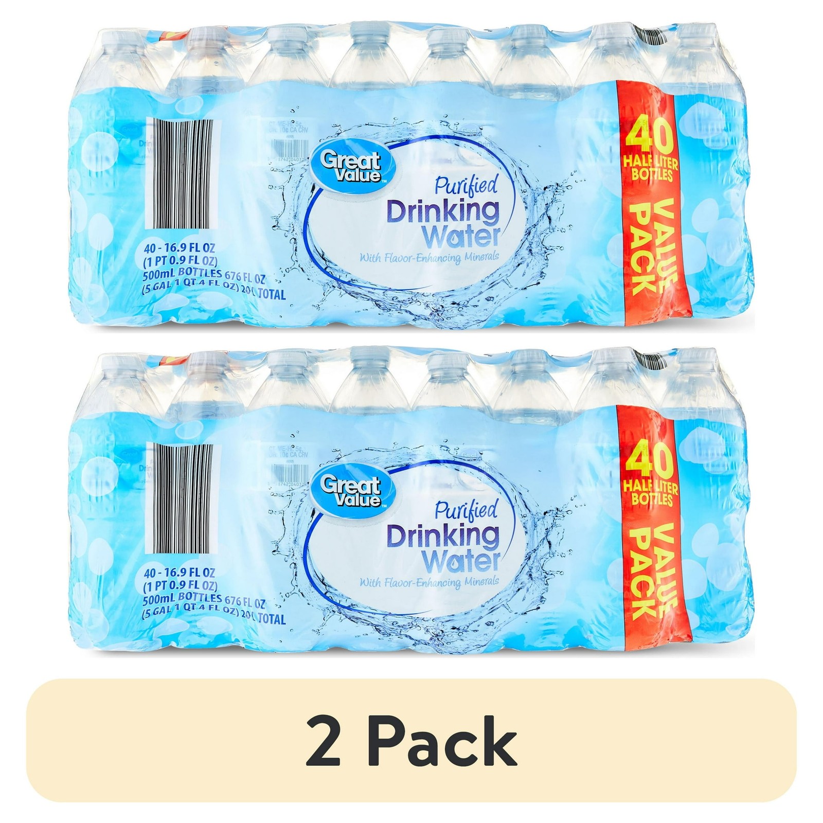 NEW (2 pack) 16.9 Fl. Oz., Great Value Purified Drinking Water, 40 Count