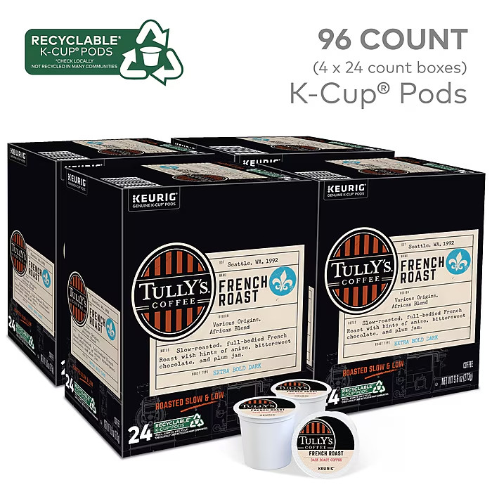 96 Tully’s French Roast Coffee Keurig K-Cup Pods extra bold Dark Roast 96 Ct.
