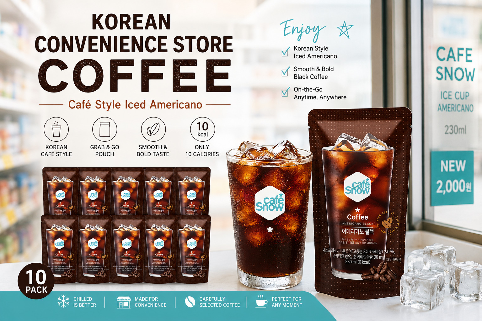 Cafe Snow Korean Iced Americano Coffee Pouch Drink 230ml 10 Pack Low Calorie
