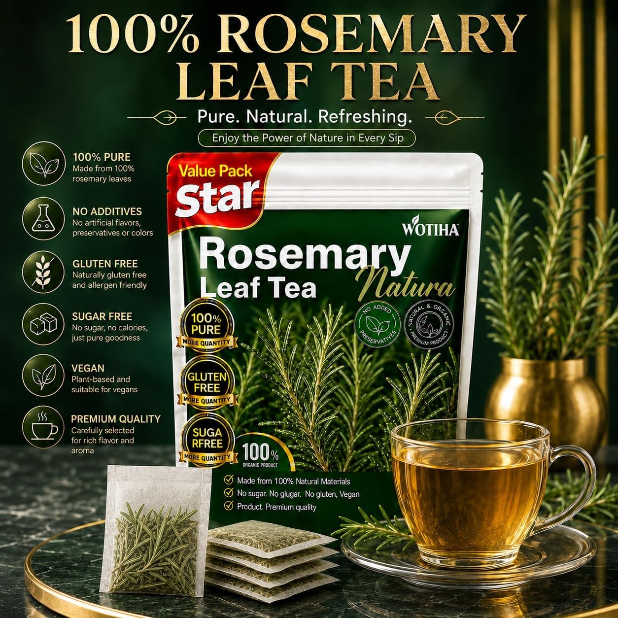 60 Count Premium Rosemary Leaf Tea Bags – 100% Pure Natural Rosemary Leaves