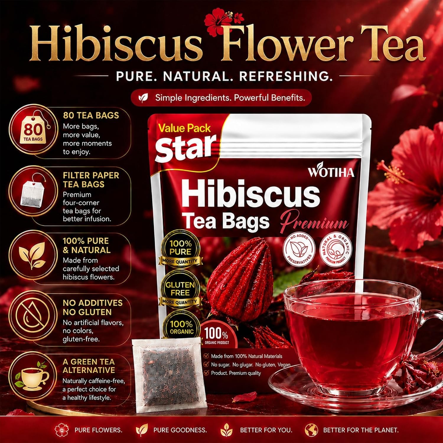 Premium 80 Hibiscus Flowers Tea Bags, 100% Natural, Handmade & Pure from Hibi