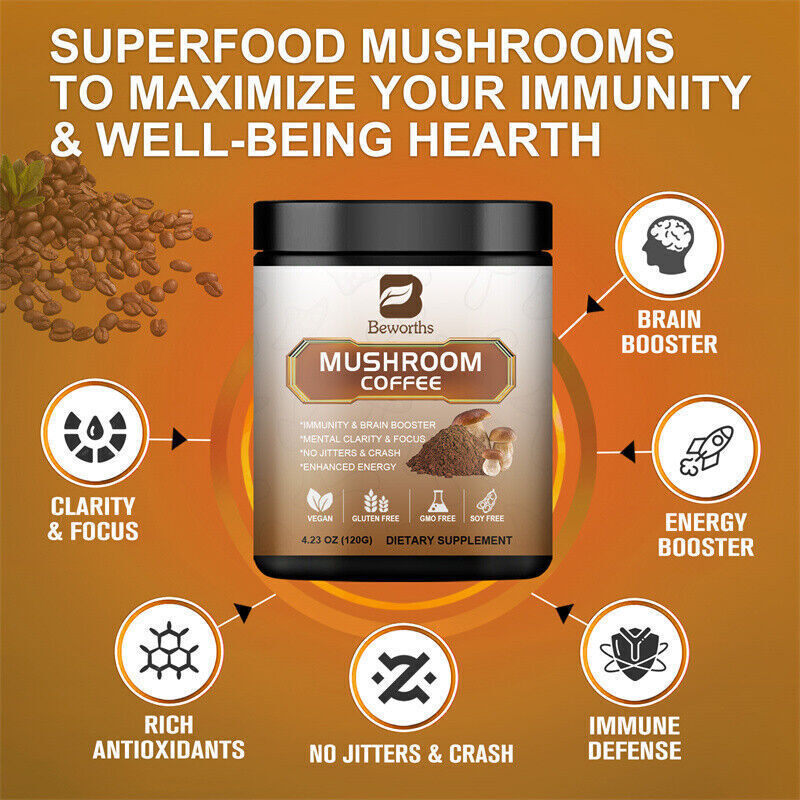 (2 Pack) Mushroom Complex Coffee Powder For Brain,Clarity,Focus,Immune Support